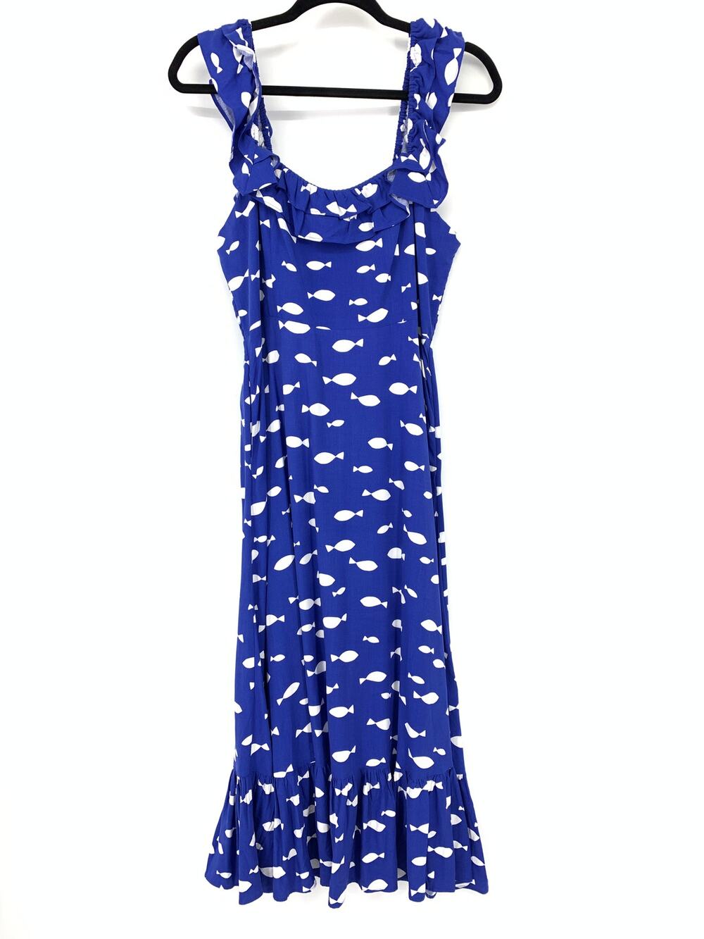 Kate Spade Graphic Fish Print Ruffle Midi Dress Womens Size Large Blue White